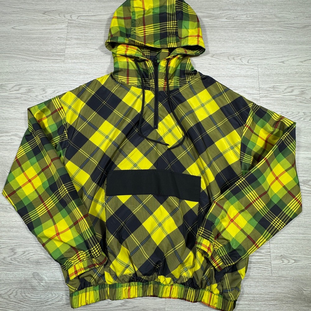 Forever 21 Men's‎ Windbreaker Jacket Plaid Half Zip Hooded Yellow Green Large